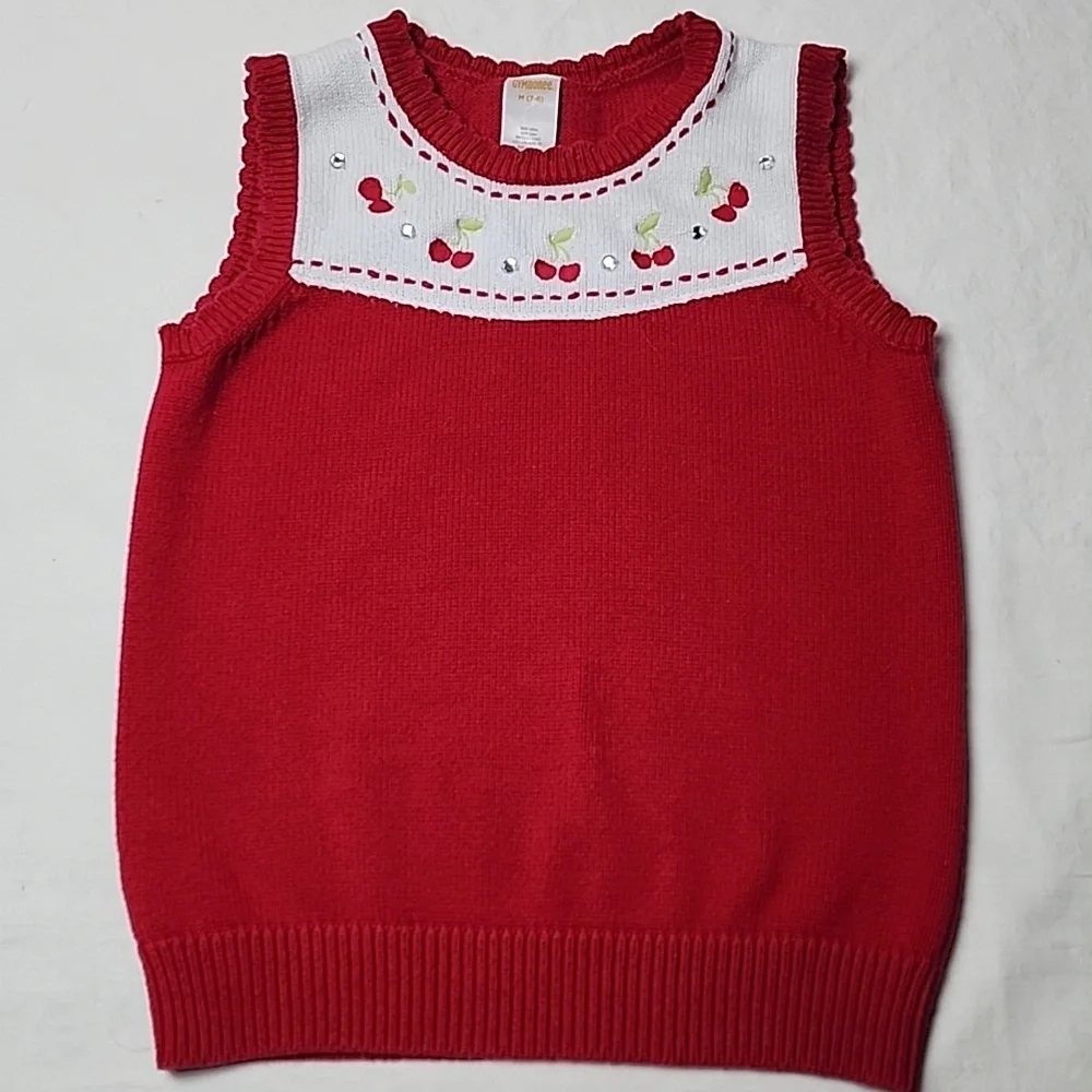 Gymboree Red Cherry Embroidered Sweater Vest Rhinestones Girls 7–8 Cute Retro
